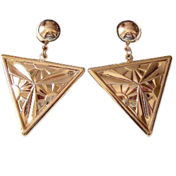 Sun Beam Triangle Discs Pierced Earrings Gold Tone - Picture 3 of 5